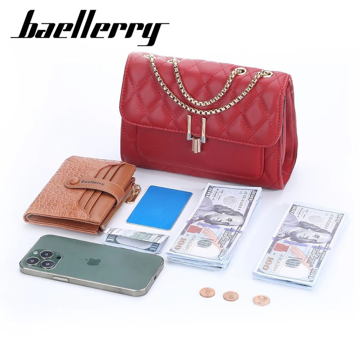 Chain Crossbody Quilted - Torebka damska Baellerry, mała pikowana kwadratowa